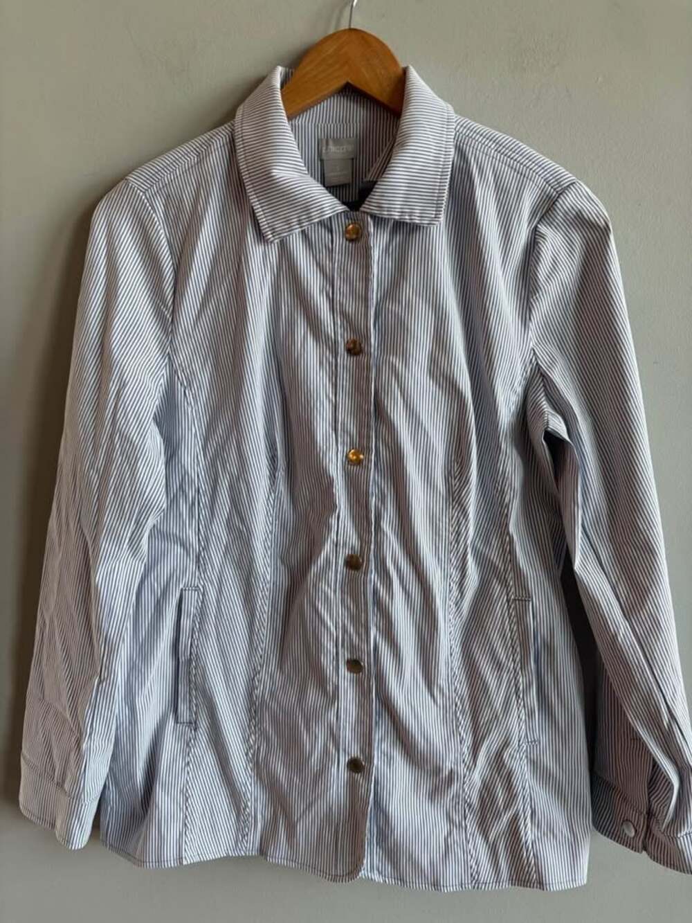 Chico's Blue & White Striped Snap Front Jacket Blazer Coat Silver Buttons Size 1
